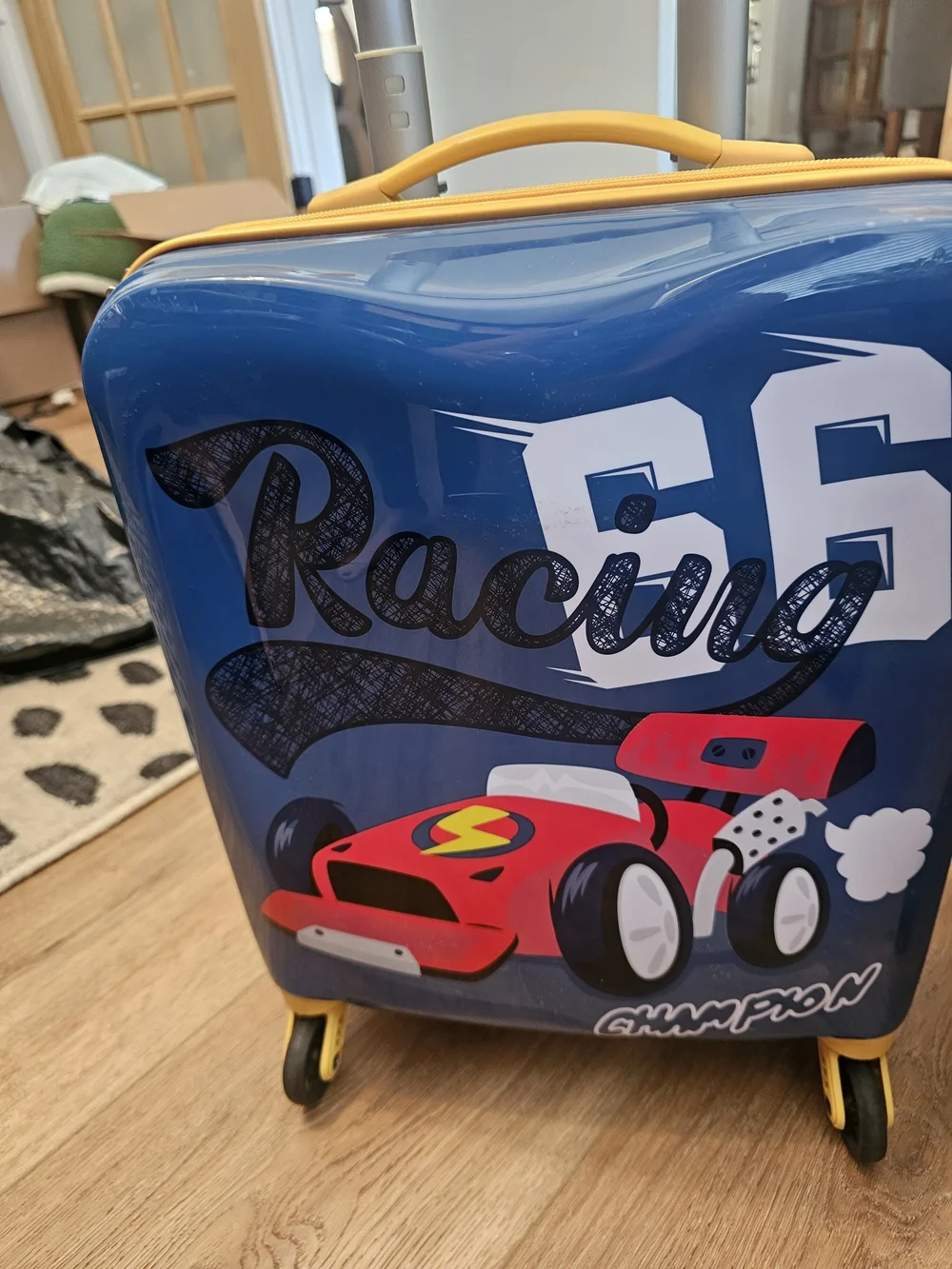 Kids Blue Racing Carry-On with Yellow Handle